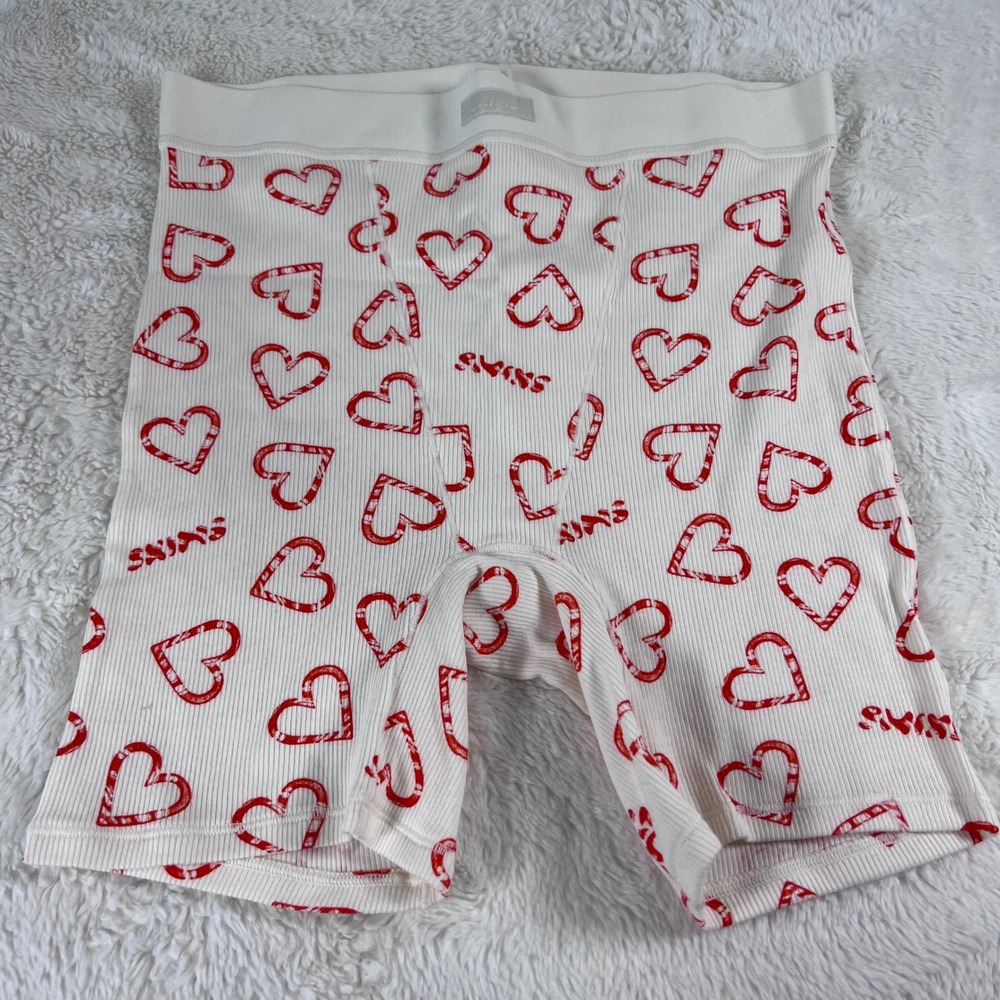 Skims Ribbed Boxer Shorts Cream Red Candy Cane Heart Valentines Day Print Small